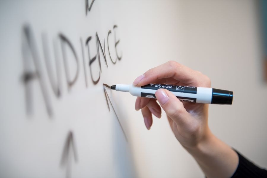 How Many Podcast Episodes Should You Launch With? 5 writing the word audience on a whiteboard with arrows